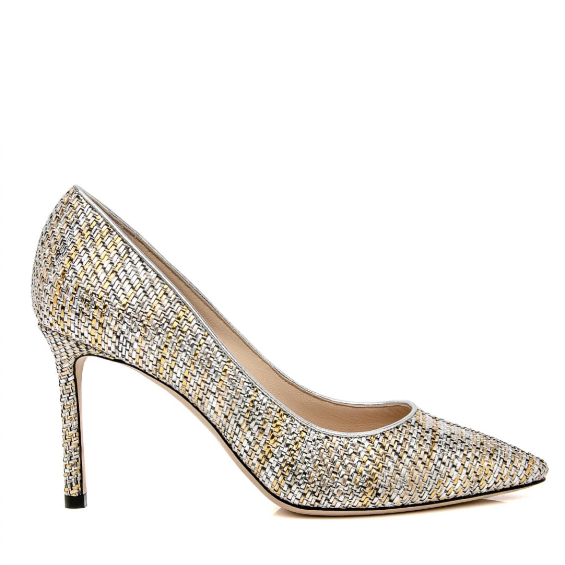 New Jimmy Choo Women's Romy 85 Woven Metallic Pumps In Silver/Gold